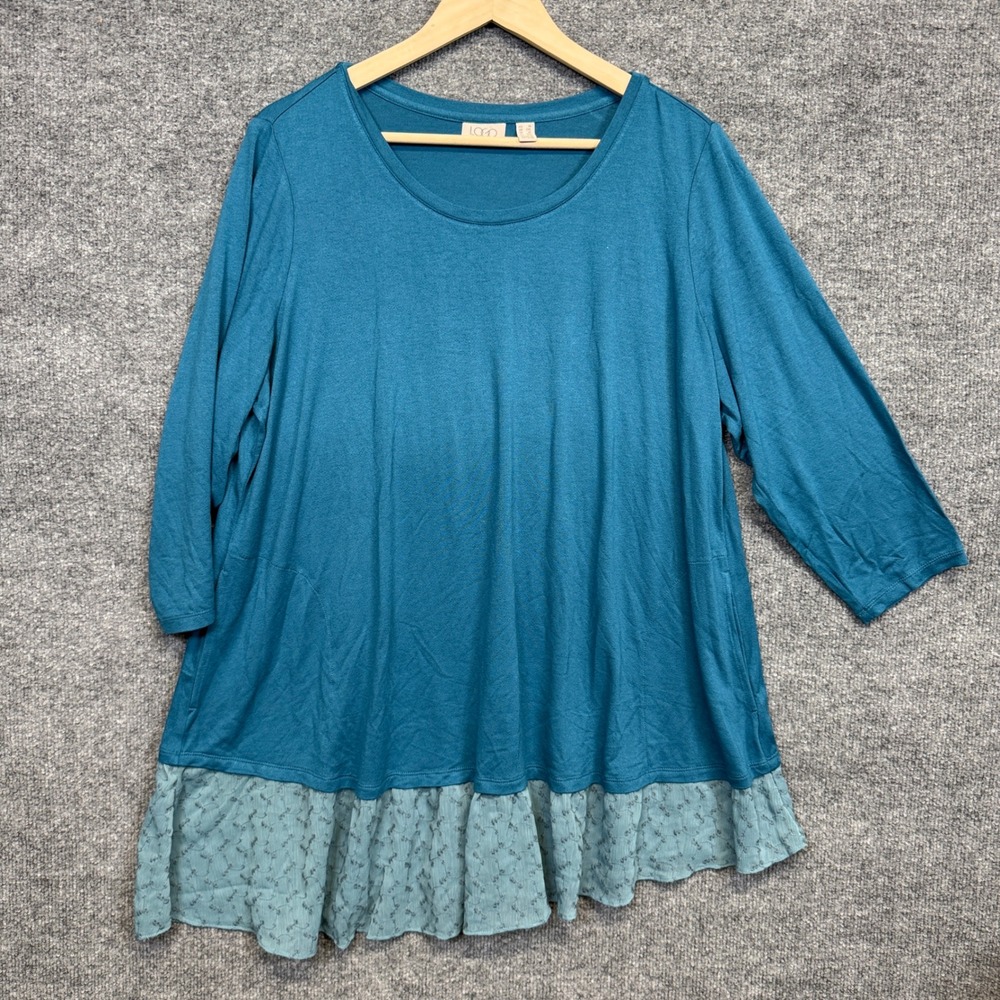 LOGO by Lori Goldstein Plus 1X Crepe Top Blue Embroidered Hem Detail 3/4 Sleeves